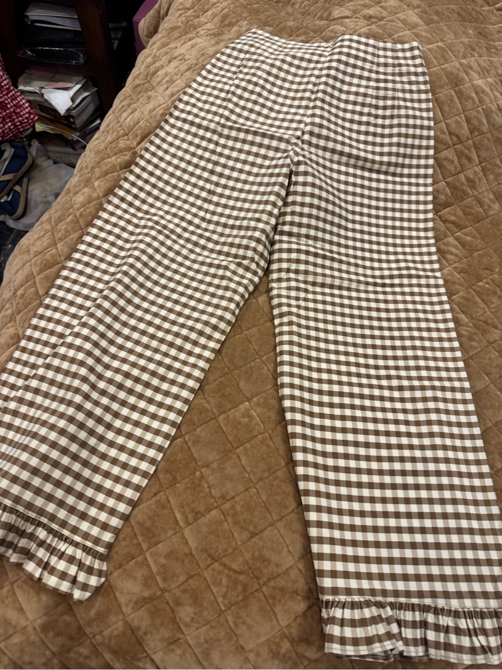 Maeve Brown&White Gingham Ruffle-Hem wide leg Pants w/ pockets! Fun&Flattering! - Picture 12 of 14